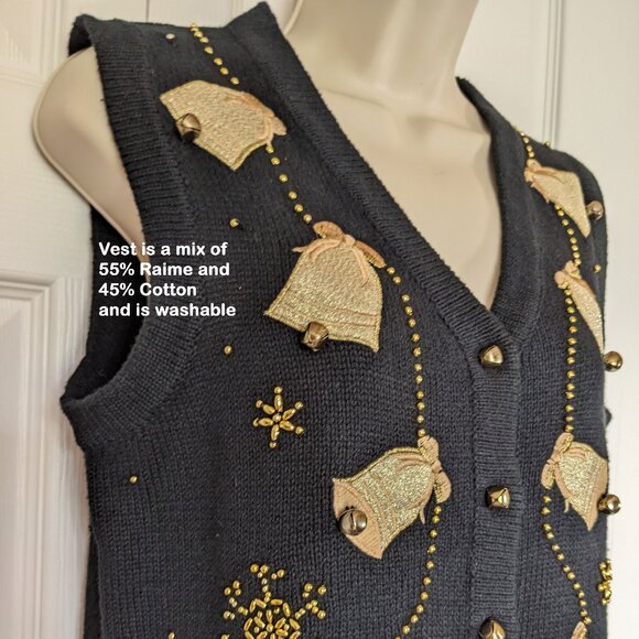 Reference Point Christmas Vest, Black, Gold appliques & beads, Jingling bells! - Picture 11 of 15